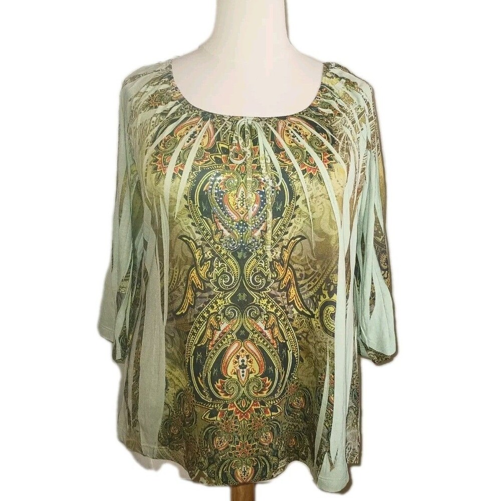 NWT SAINT TROPEZ WEST Womens 1X Boho Peasant Green Paisley Bling 3/4 Sleeve Top - Picture 8 of 12